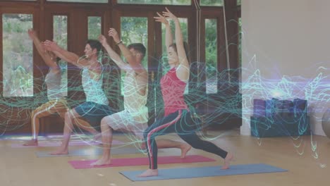Animation-of-waves-over-diverse-people-practicing-yoga