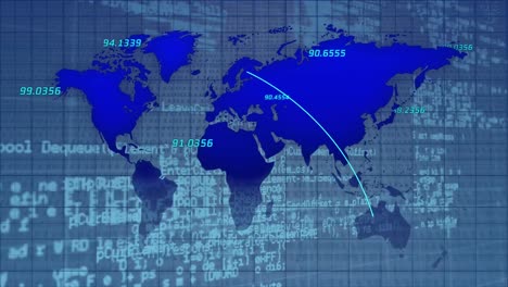 Animation-of-digital-interface-and-world-map-over-blue-background