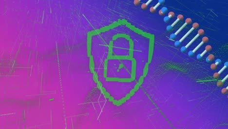 Animation-of-dna-and-digital-padlock-and-green-lines-over-blue-and-pink-background
