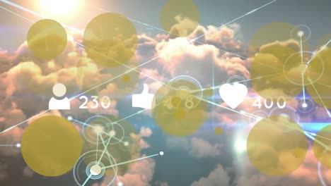 Animation-Eines-Netzwerks-Aus-Verbindungen,-Punkten-Und-Social-Media-Reaktionen-über-Wolken