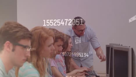 Animation-of-numbers-over-caucasian-male-teacher-and-students-using-computers