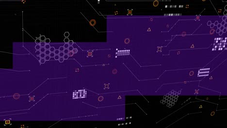 Animation-of-data-processing-over-purple-shapes-on-black-background