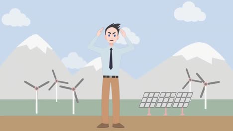 Animation-of-caucasian-businessman-making-presentation-over-landscape-with-windmill-and-solar-panels