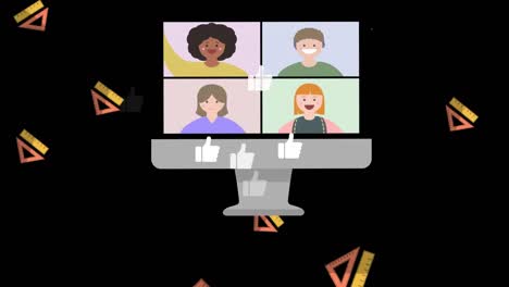 Animation-Von-Herrschern-Und-Likes-Auf-Dem-Computerbildschirm-Mit-Menschen-Auf-Schwarzem-Hintergrund