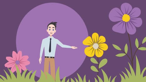 Animation-of-caucasian-businessman-making-presentation-with-flowers-on-purple-background