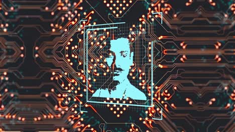 Animation-of-data-processing-with-people-portraits-over-computer-circuit-board-on-black-background
