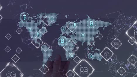 Animation-Von-6g,-Bitcoins-Und-Weltkarte-Mit-Verbindungen-Auf-Violettem-Hintergrund
