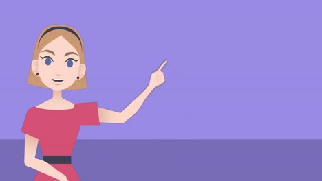 Animation-Einer-Kaukasischen-Geschäftsfrau,-Die-Eine-Präsentation-Auf-Violettem-Hintergrund-Hält