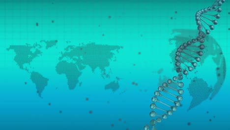 Animation-of-dna-over-globe-and-world-map-on-green-and-blue-background