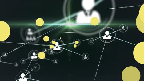 Animation-Von-Lichtpunkten-über-Einem-Netzwerk-Von-Verbindungen-Mit-Symbolen-Auf-Schwarzem-Hintergrund