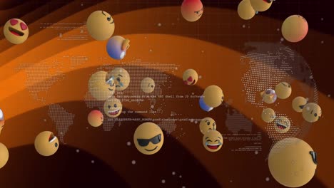 Animation-Von-Weltkarte-Und-Globus-Mit-Datenverarbeitung-über-Emoji-Symbolen
