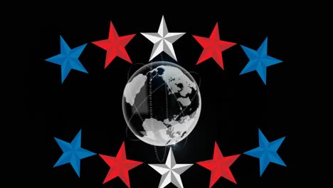 Animation-of-red,-blue-and-white-stars-over-globe-on-black-background