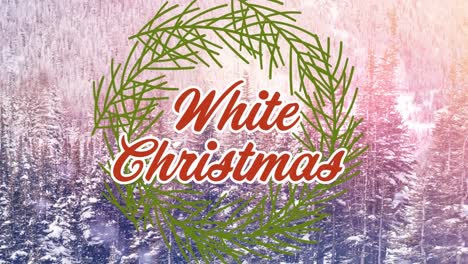 Animation-of-snowflakes-falling-over-white-christma-text,-fir-trees-and-winter-landscape