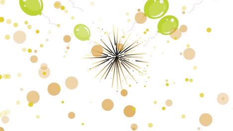 Animation-Von-Sternen,-Grünen-Luftballons-Und-Gelben-Punkten-Auf-Weißem-Hintergrund