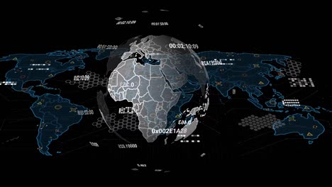 Animación-Del-Procesamiento-De-Datos-Con-Mapa-Mundial-Y-Globo-Terráqueo-Sobre-Fondo-Negro