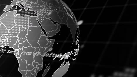 Animation-of-data-processing-with-world-map-and-globe-on-black-background