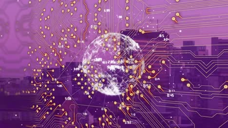 Animation-of-integrated-circuit-over-globe-with-connections-over-purple-cityscape
