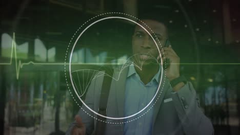 Animation-of-dna-in-circle-over-african-american-man-with-smartphone