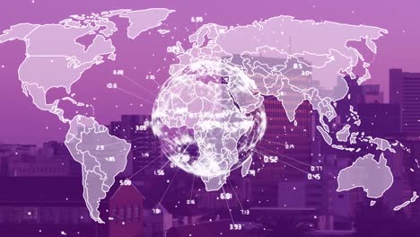 Animation-Einer-Weltkarte-Und-Eines-Globus-Mit-Verbindungen-über-Einem-Violetten-Stadtbild