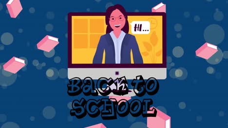 Animation-of-back-to-school-and-teacher-on-screen-on-blue-background
