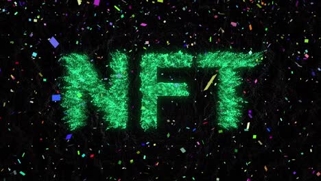 Animation-of-nft-text-and-confetti-on-black-background