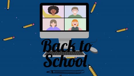 Animation-Von-Schülern-Auf-Dem-Bildschirm-Während-Des-Online-Unterrichts-Und-Beim-Schulanfang-Auf-Blauem-Hintergrund