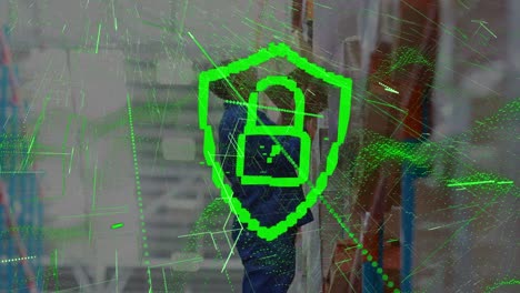 Animation-of-digital-padlock-with-green-lines-over-caucasian-male-warehouse-worker