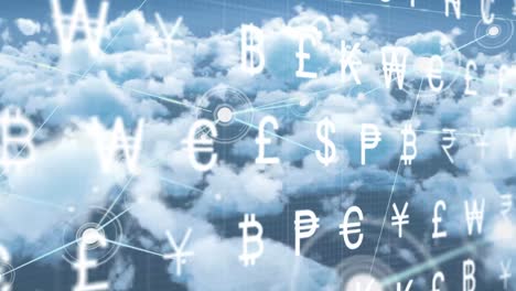 Animation-of-currency-symbols-over-network-of-connections-and-sky-with-clouds