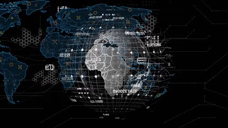Animation-of-data-processing-with-world-map-and-globe-on-black-background