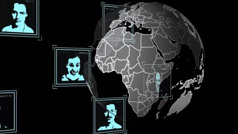 Animation-Der-Datenverarbeitung-Mit-Porträts-Verschiedener-Menschen-über-Dem-Globus-Auf-Schwarzem-Hintergrund