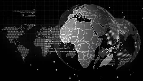 Animation-of-data-processing-with-globe-over-world-map-and-globe-on-black-background