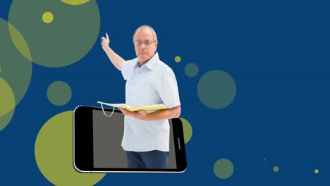 Animation-of-caucasian-man,-smartphone-and-dots-on-blue-background