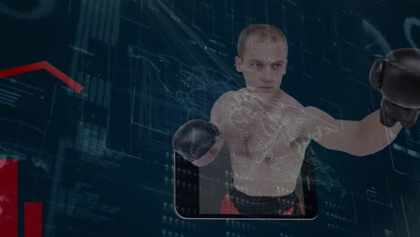 Animation-of-caucasian-boxer-with-smartphone-over-blue-background