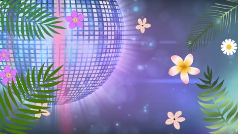 Animation-of-flowers-and-leaves-over-light-spots-and-disco-ball-on-black-background