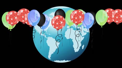 Animation-Von-Luftballons-über-Dem-Globus-Auf-Schwarzem-Hintergrund