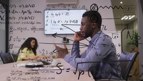 Animation-of-mathematical-equations-over-diverse-business-people-using-smartphone