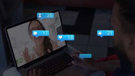 Animation-of-social-media-icons-and-numbers-over-caucasian-woman-on-laptop-video-call