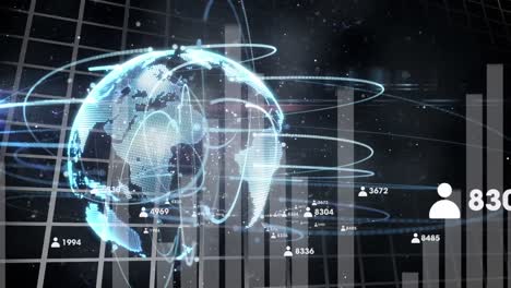 Animation-of-globe-and-connections-over-graphs-on-black-background