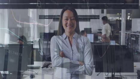 Animation-of-graphs-over-happy-asian-woman-in-office