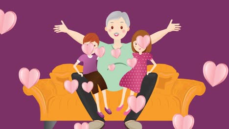 Animation-of-grandmother-with-grandchildren-over-purple-background-with-hearts