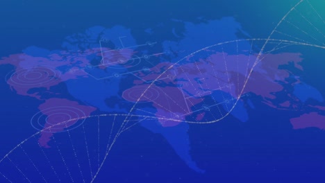 Animation-Des-DNA-Strangs-über-Ein-Netzwerk-Von-Verbindungen-Und-Eine-Weltkarte