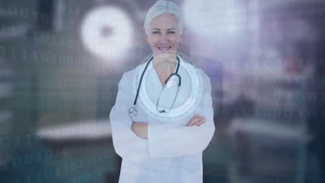 Animation-of-data-processing-over-caucasian-female-doctor-with-stethoscope