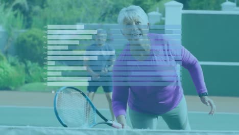 Animation-of-data-processing-over-diverse-senior-couple-playing-tennis