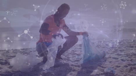 Animation-of-data-processing-and-molecules-over-african-american-man-cleaning-beach