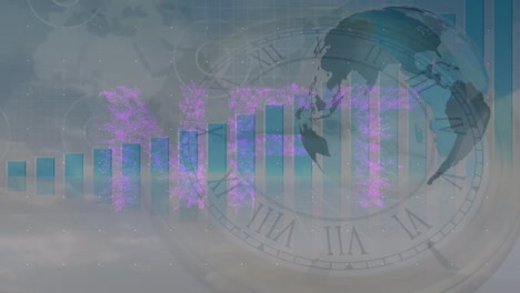 Animation-of-nft-text-and-globe-over-moving-clock-on-white-background