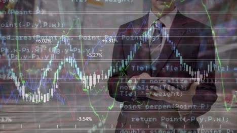 Animation-of-financial-graphs-and-data-over-midsection-of-caucasian-businessman-with-tablet