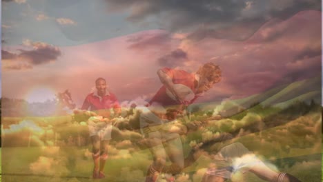Animation-Der-Flagge-Deutschlands-über-Verschiedenen-Männlichen-Rugbyspielern