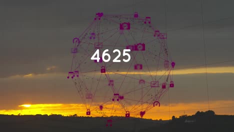 Animation-of-growing-number-and-globe-of-connections-with-icons-over-landscape