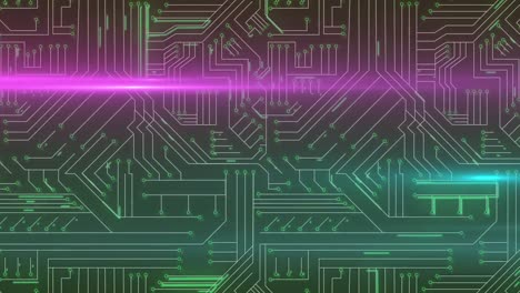 Animation-of-light-trails-over-computer-circuit-board-on-black-background