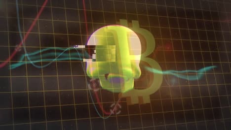 Animation-of-skull-and-bitcoin-over-data-processing-and-bubbles-on-black-background